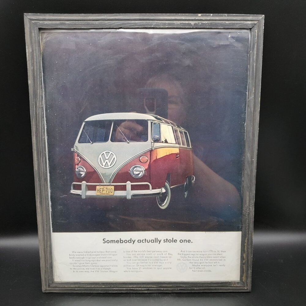 Vintage Volkswagen “Somebody Actually Stole One” Framed Print 15 x 11.75 VW Bus